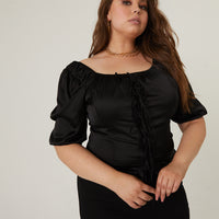Curve Tie Detail Satin Blouse Plus Size Tops Black 1XL -2020AVE