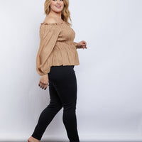 Curve Amy Smocked Long Sleeve Top Plus Size Tops Taupe 1XL -2020AVE