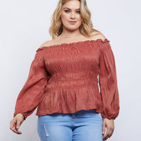 Curve Amy Smocked Long Sleeve Top Plus Size Tops Rust 1XL -2020AVE