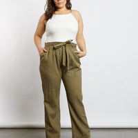 Curve Chloe High Waisted Paper Bag Pants Plus Size Bottoms Olive XL -2020AVE
