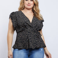 Curve Floral Peplum Top Plus Size Tops Black 1XL -2020AVE
