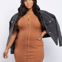 Curve Lace Up Ribbed Knit Dress Plus Size Dresses Cognac 1XL -2020AVE