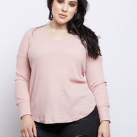 Curve Lace Em' Up Waffle Knit Top Plus Size Tops Blush 1XL -2020AVE