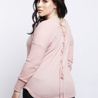 Curve Lace Em' Up Waffle Knit Top Plus Size Tops -2020AVE