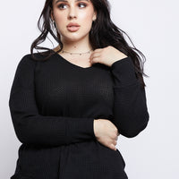 Curve Lace Em' Up Waffle Knit Top Plus Size Tops Black 1XL -2020AVE