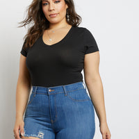 Curve Plain and Simple V-neck Tee Plus Size Tops Black 1XL -2020AVE
