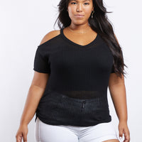 Curve Renee Cold Shoulder Knit Top Plus Size Tops Black 1XL -2020AVE