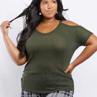 Curve Renee Cold Shoulder Knit Top Plus Size Tops Olive 1XL -2020AVE