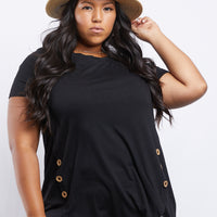 Curve Simple Button Up Tee Plus Size Tops Black 1XL -2020AVE
