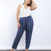 Curve Striped Paper Bag Pants Plus Size Bottoms Navy 1XL -2020AVE