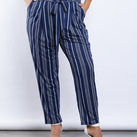 Curve Striped Paper Bag Pants Plus Size Bottoms -2020AVE