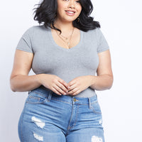 Curve Everyday Basic V-neck Tee Bodysuit Plus Size Tops Heather Gray 1XL -2020AVE