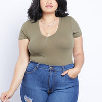 Curve Everyday Basic V-neck Tee Bodysuit Plus Size Tops Olive 1XL -2020AVE