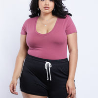 Curve Everyday Basic V-neck Tee Bodysuit Plus Size Tops Mauve 1XL -2020AVE