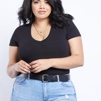 Curve Everyday Basic V-neck Tee Bodysuit Plus Size Tops Black 1XL -2020AVE