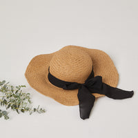Straw Hat with Tie Accessories Brown One Size -2020AVE