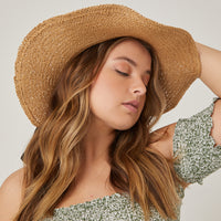 Straw Hat with Tie Accessories Brown One Size -2020AVE