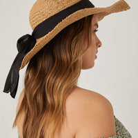 Straw Hat with Tie Accessories Brown One Size -2020AVE