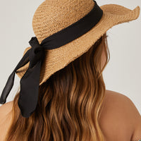 Straw Hat with Tie Accessories Brown One Size -2020AVE
