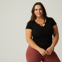Curve V-Cut Ribbed Tee Plus Size Tops Black 1XL -2020AVE