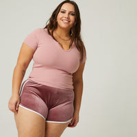 Curve V-Cut Ribbed Tee Plus Size Tops Pink 1XL -2020AVE