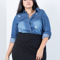 Curve Feelin' Torn Shirt Plus Size Tops Dark Blue Denim 1XL -2020AVE
