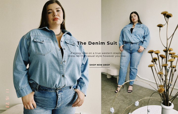 The plus size denim suit.  A classy take on a true western staple.  Dress up this casual style however you like.  Shop new drop.
