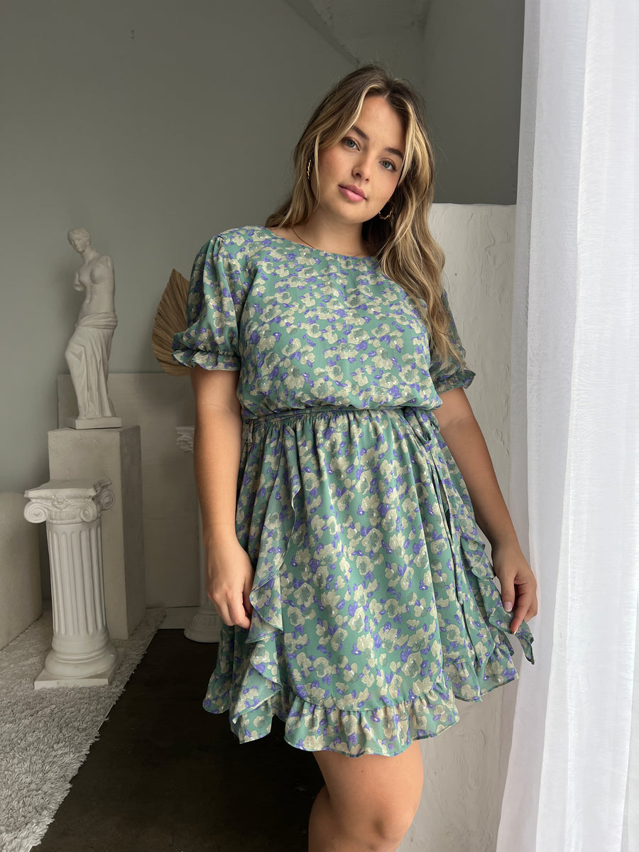 Plus Size Floral Ruffle Trim Dress Plus Size Dresses Green 1XL -2020AVE
