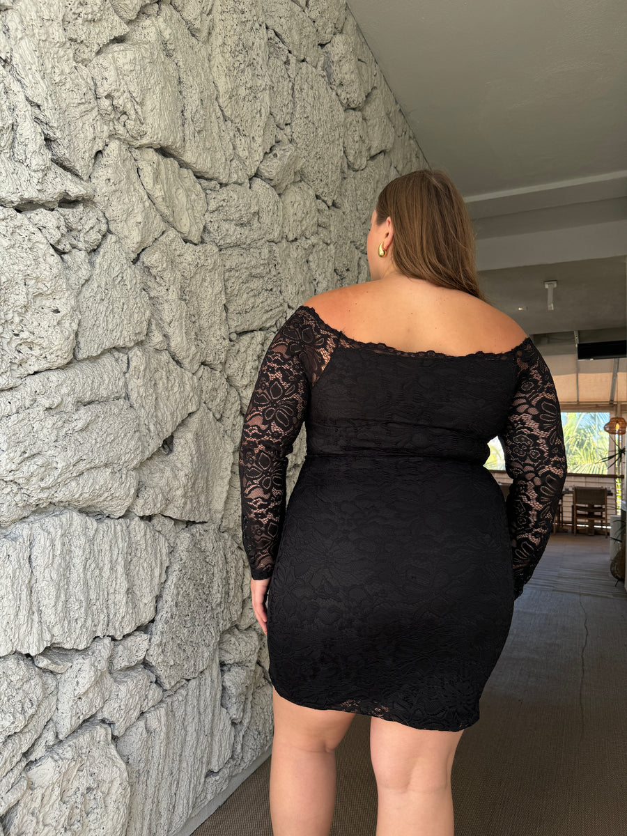 Plus Size Off The Shoulder Lace Mini Dress Black