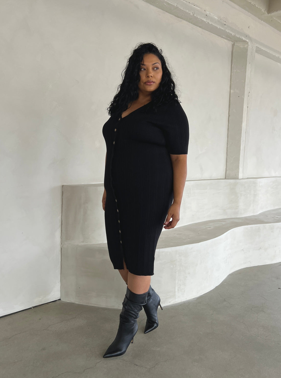 Plus Size Button Down Midi Dress Plus Size Dresses Black 1XL -2020AVE