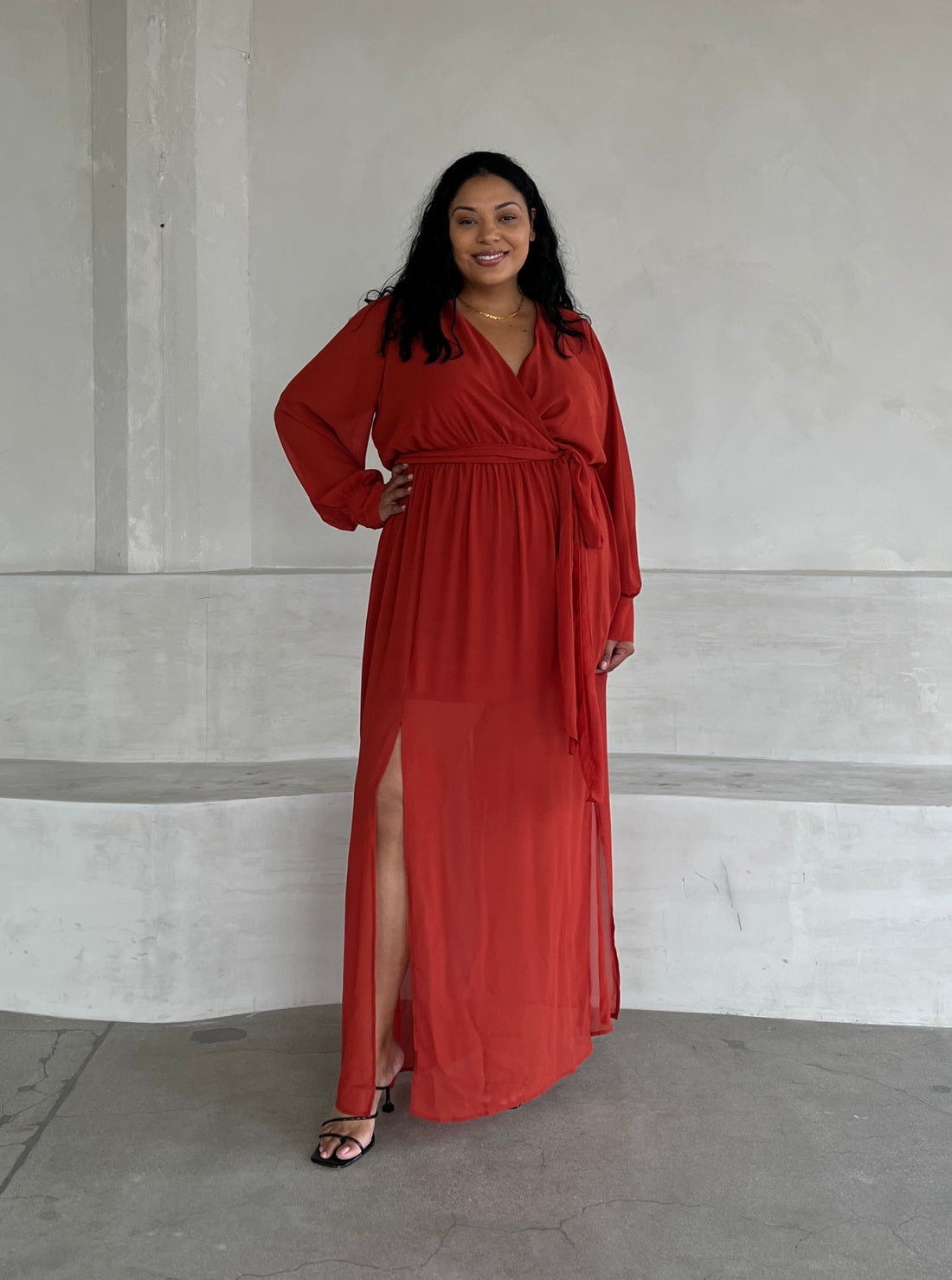 Plus Size Chiffon Long Sleeve Maxi Dress Plus Size Dresses Rust 1XL -2020AVE