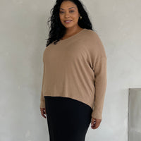 Plus Size Classic Ribbed Long Sleeve Top Plus Size Outerwear Khaki 1XL -2020AVE