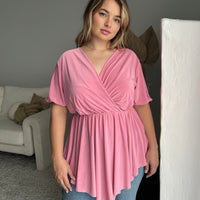Plus Size Drapey Surplice Blouse Plus Size Tops Pink 1XL -2020AVE