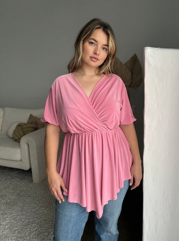 Plus Size Drapey Surplice Blouse Plus Size Tops Pink 1XL -2020AVE