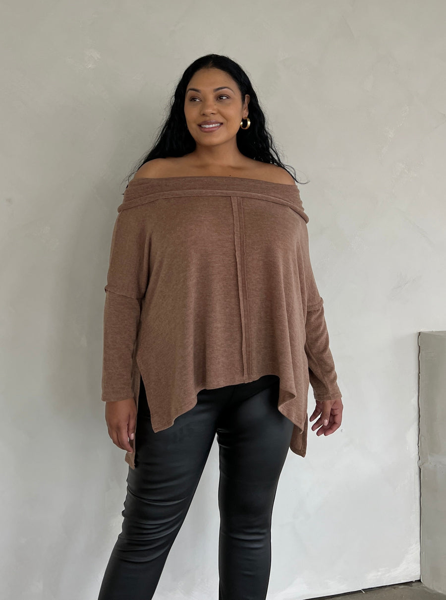 Plus Size Folded Off The Shoulder Sweater Plus Size Outerwear Brown 1XL -2020AVE