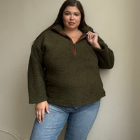 Plus Size Half Zip Teddy Pullover Plus Size Outerwear Olive 1XL -2020AVE