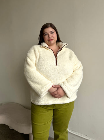 Plus Size Half Zip Teddy Pullover Plus Size Outerwear White 1XL -2020AVE