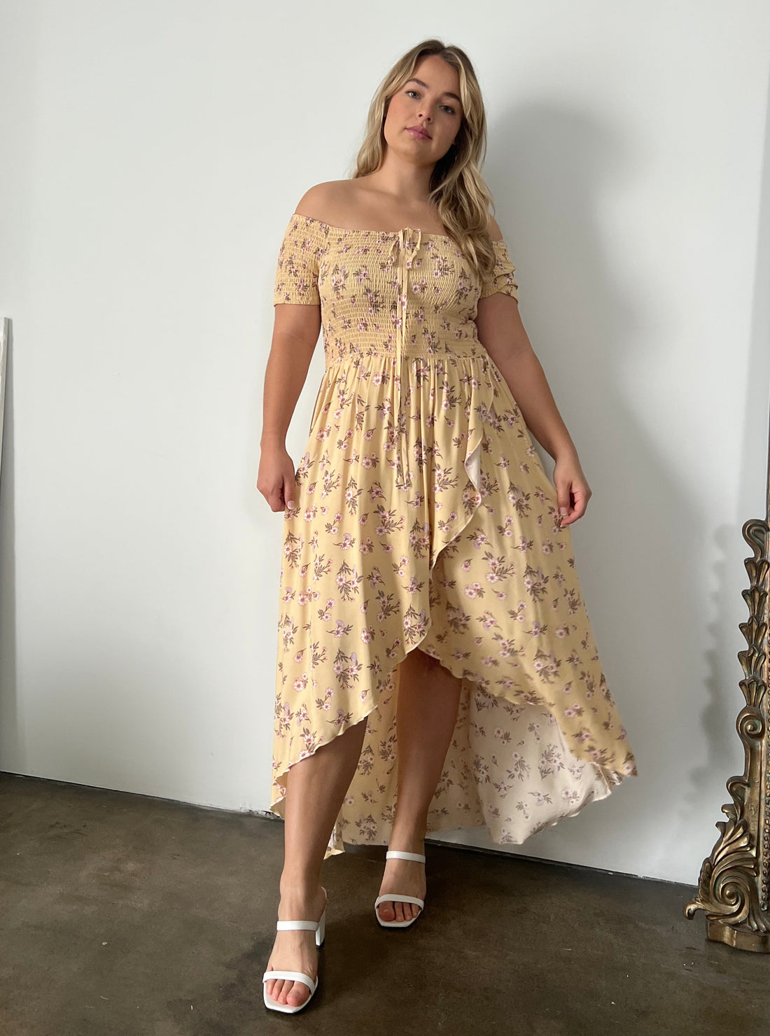 Plus Size High Low Smocked Floral Dress Plus Size Dresses Yellow 1XL -2020AVE