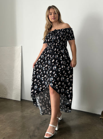 Plus Size High Low Smocked Floral Dress Plus Size Dresses Black 1XL -2020AVE