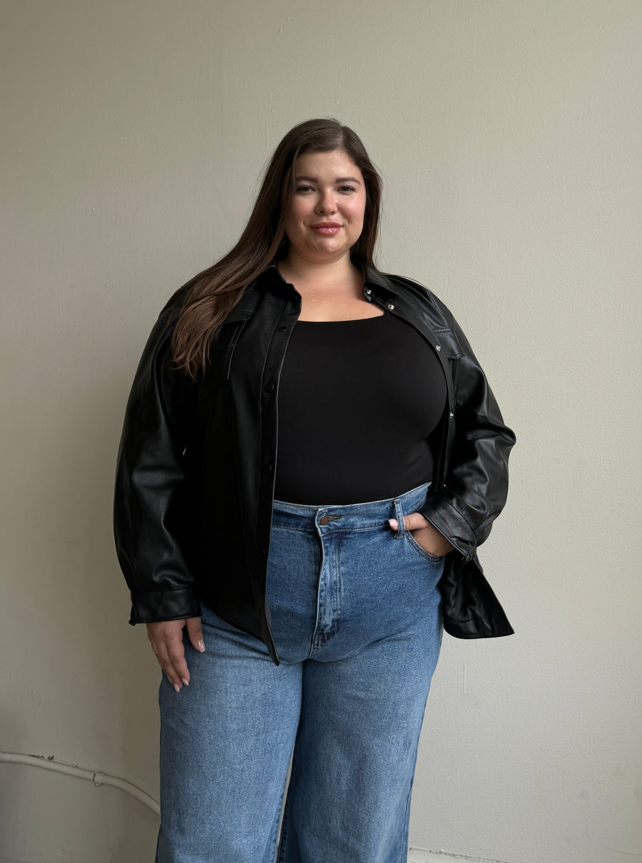 Plus Size PU Leather Shirt Jacket Plus Size Outerwear Black 1XL -2020AVE