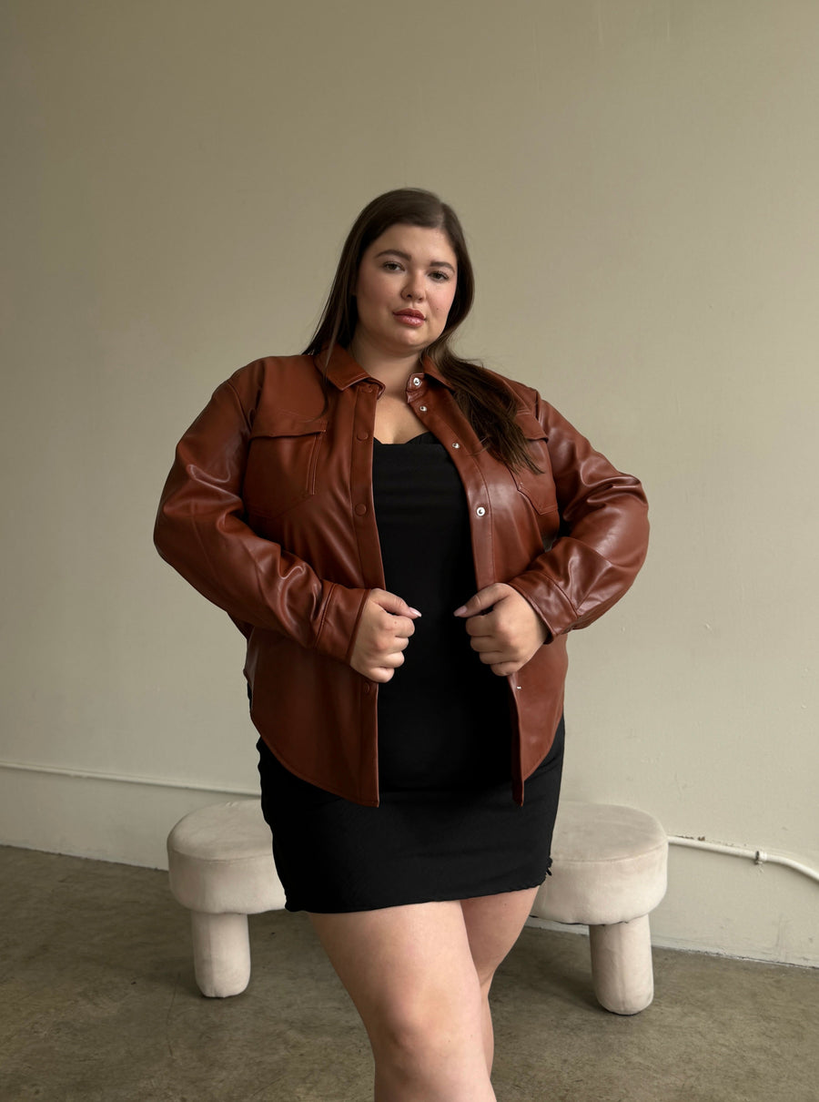 Plus Size PU Leather Shirt Jacket Plus Size Outerwear Brown 1XL -2020AVE