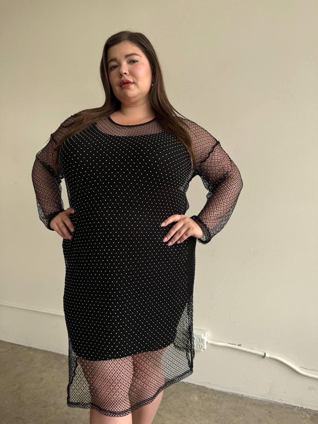 Plus Size Rhinestone Mesh Long Sleeve Dress 2020AVE Plus Size Rhinestone Mesh Long Sleeve Dress 2020AVE