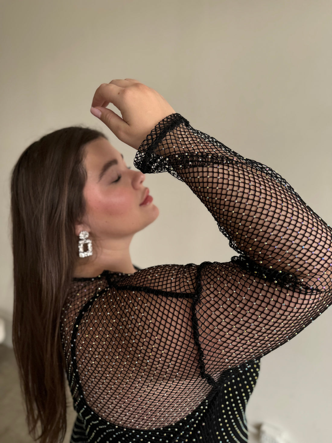 Plus Size Rhinestone Mesh Long Sleeve Dress - Main Image