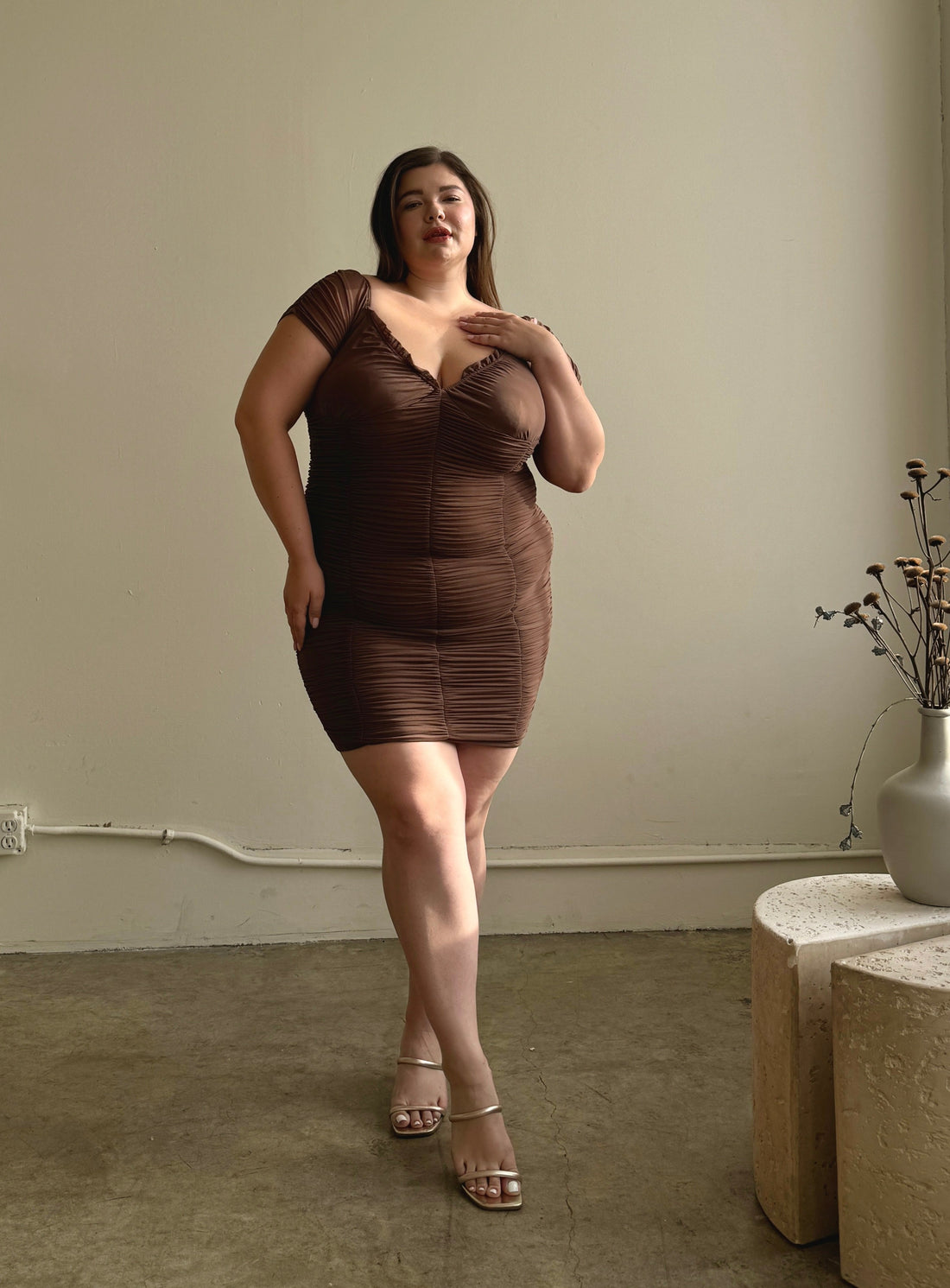 Plus Size Romantically Ruched Chiffon Bodycon Dress Plus Size Dresses Brown 1XL -2020AVE