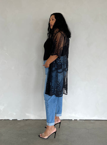 Plus Size Sheer Lace Cardigan Plus Size Tops Black 1XL -2020AVE