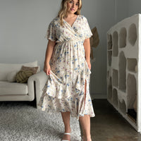Plus Size Surpliced Floral Midi Dress Plus Size Dresses Cream 1XL -2020AVE