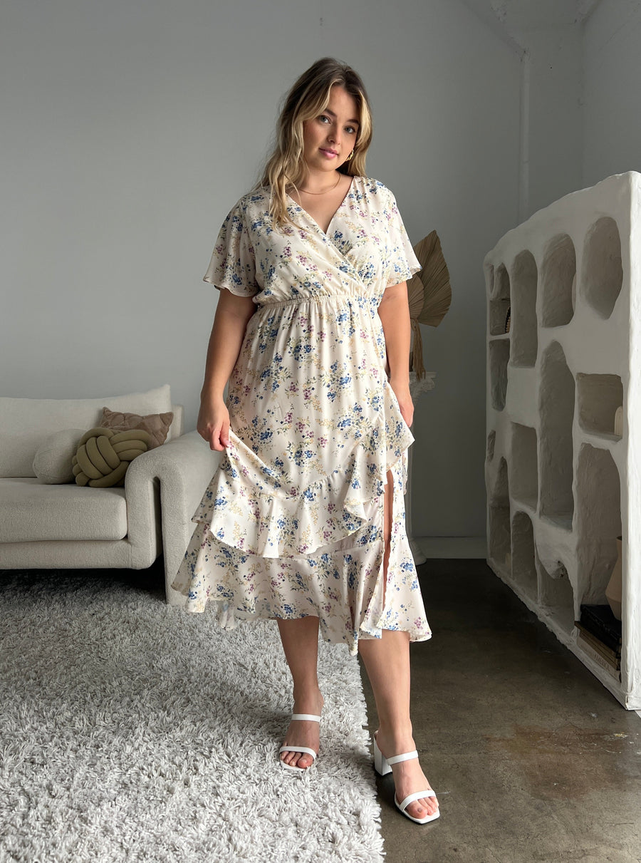 Plus Size Surpliced Floral Midi Dress Plus Size Dresses Cream 1XL -2020AVE