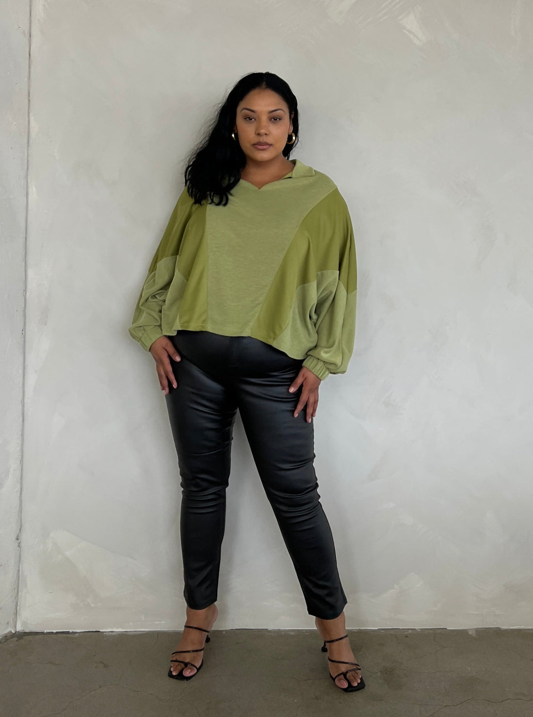 Plus Size Two Tone Long Sleeve Top Plus Size Outerwear Green 1XL -2020AVE