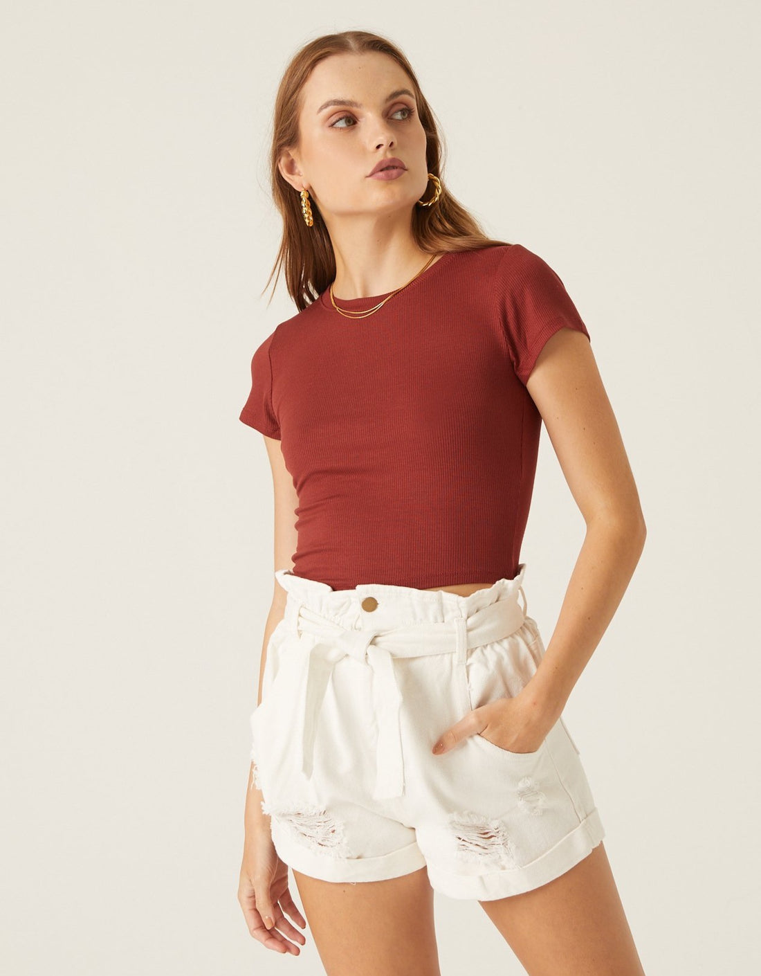 All the Way Basic Crop Tee Tops Rust Small -2020AVE