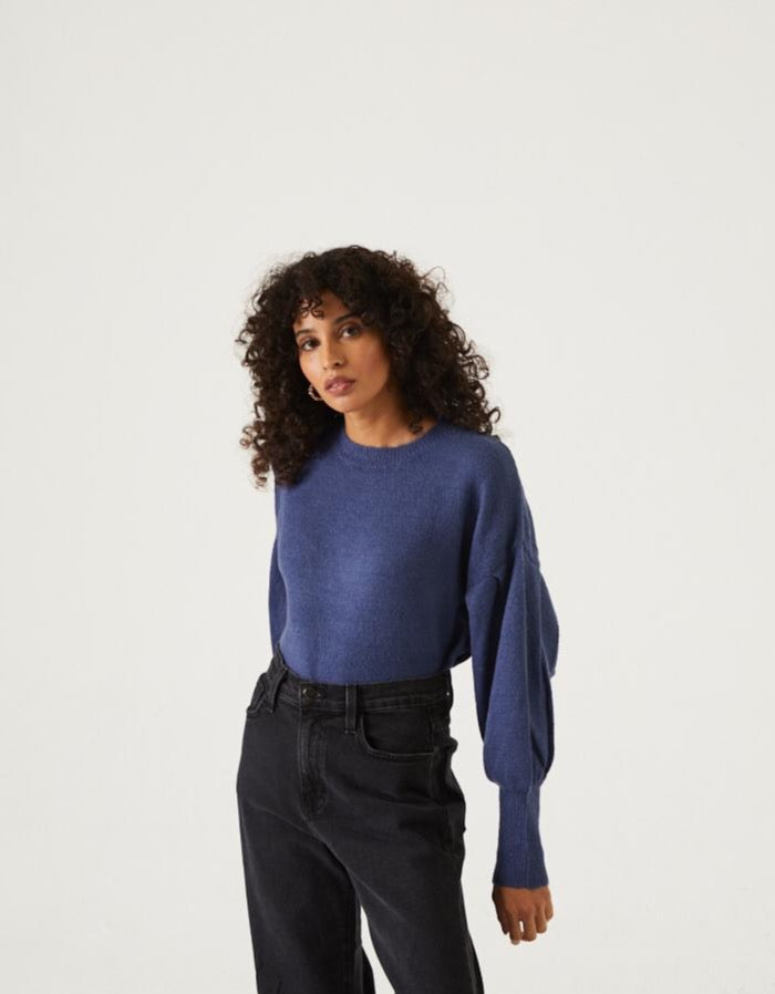 Fuzzy Balloon Sleeve Sweater Tops Blue Small -2020AVE